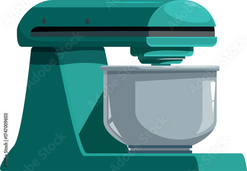 Green stand mixer with a silver bowl is ready for baking