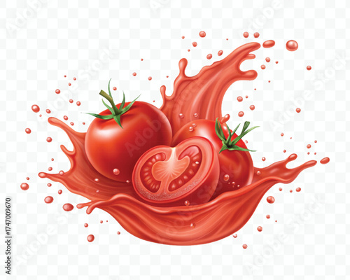 abstract 3d red tomato juice or ketchup sauce splashes in different style isolated on transparent background