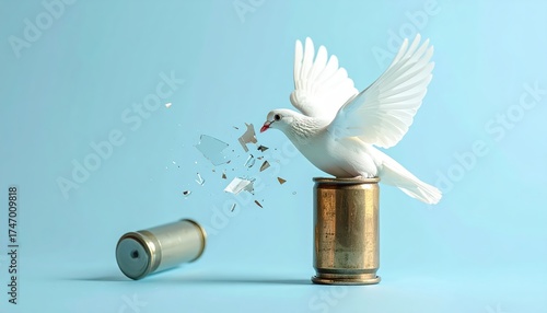 A pure white dove of peace flies next to spent gun casings. AI-generated.