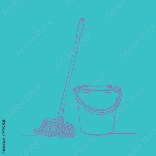 Cleaning equipment with mop and bucket on a plain for household chores and sanitation tasks