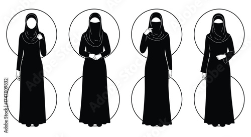 Four silhouettes of women wearing niqabs in circular frames