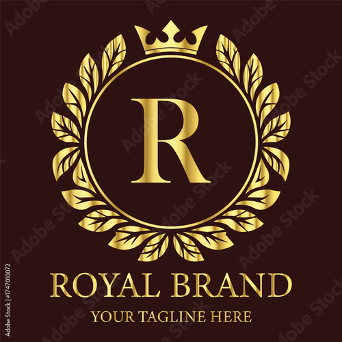 Elegant royal brand R logo with golden crown and laurel wreath design on dark luxury background