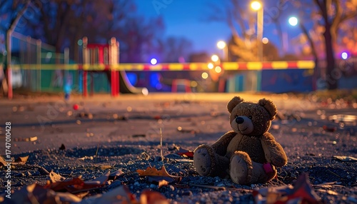 A child's teddy bear sits against the backdrop of a fenced playground at night. AI-generated.