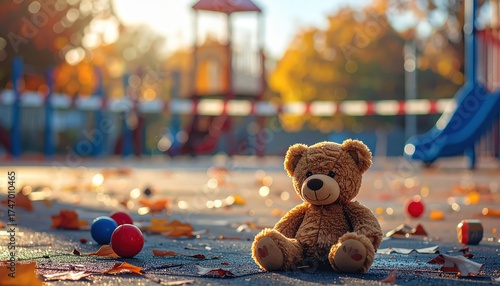 A child's teddy bear sits against the backdrop of a fenced playground. AI-generated.