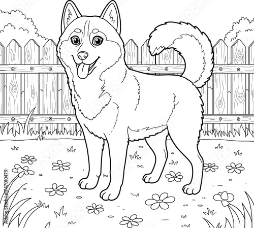 Cute Siberian Husky Dog Coloring Page for Kids; Happy Puppy Outline  in the Backyard Garden or Sunny Park