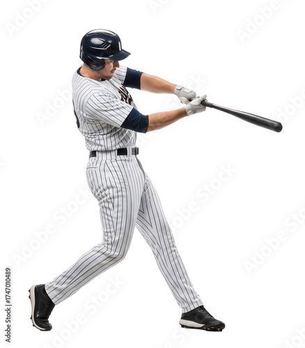 Baseball player wearing uniform and helmet swinging a bat with full power.Isolated transparent background ( cut-out PNG file ).