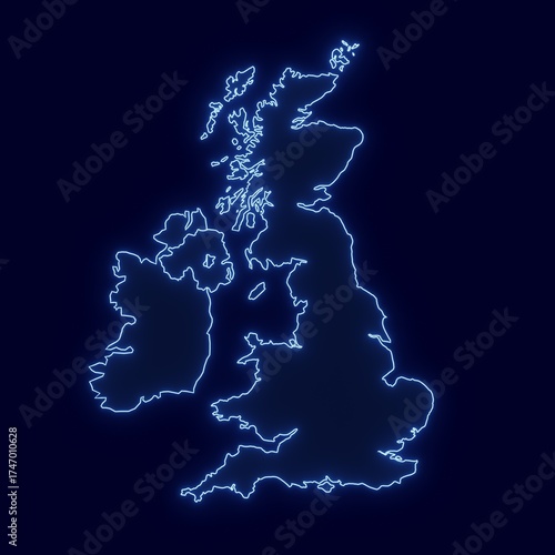 British Isle's map isolated on dark background, futuristic neon map illustration.	