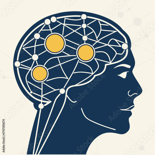 Blue silhouette shows a human profile with interconnected nodes and yellow circular accents