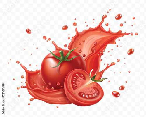 abstract 3d red tomato juice or ketchup sauce splashes in different style isolated on transparent background