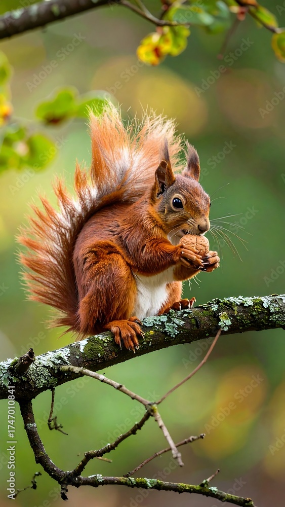 Fototapeta premium Red squirrel holding nut on branch