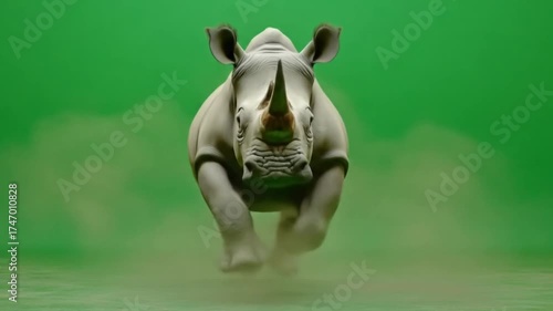 White rhinoceros charging across vibrant green backdrop