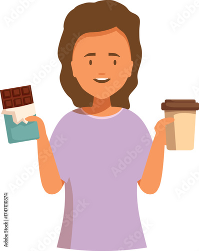 Happy woman holding a chocolate bar and a coffee cup, enjoying a sweet treat and caffeine boost during her break