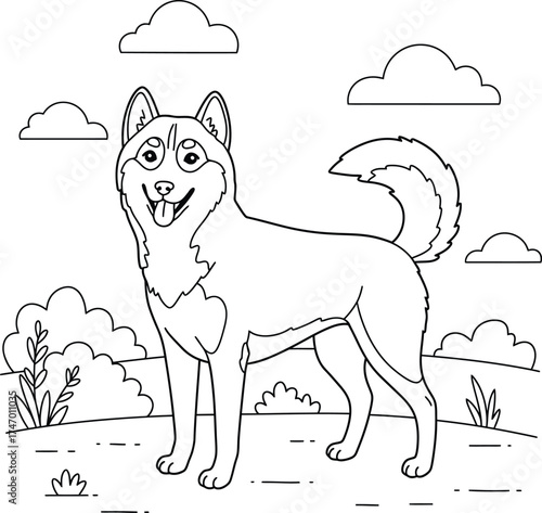 Cute Siberian Husky Dog Coloring Page for Kids; Happy Puppy Outline  in the Backyard Garden or Sunny Park
