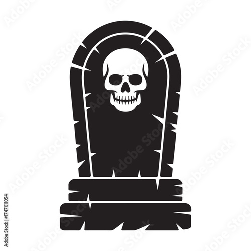 Black silhouette of a weathered tombstone with a skull carved into it against a white background