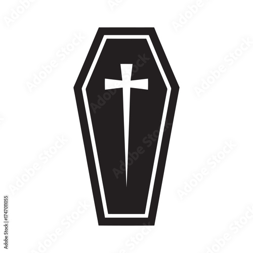 Black coffin with white cross symbol isolated on white background for funeral and death concepts