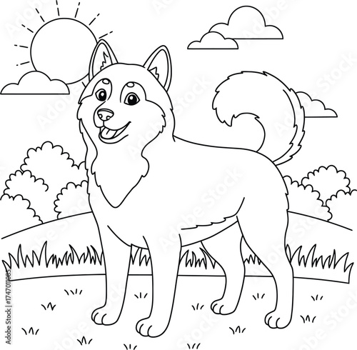 Cute Siberian Husky Dog Coloring Page for Kids; Happy Puppy Outline  in the Backyard Garden or Sunny Park