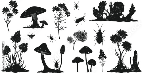 Mushroom insect flower silhouette, black and white botanical illustration, forest nature sketch, wild plant drawing, entomology clipart set