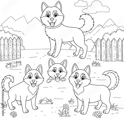 Cute Siberian Husky Dog Coloring Page for Kids; Happy Puppy Outline  in the Backyard Garden or Sunny Park