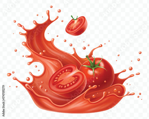 abstract 3d red tomato juice or ketchup sauce splashes in different style isolated on transparent background