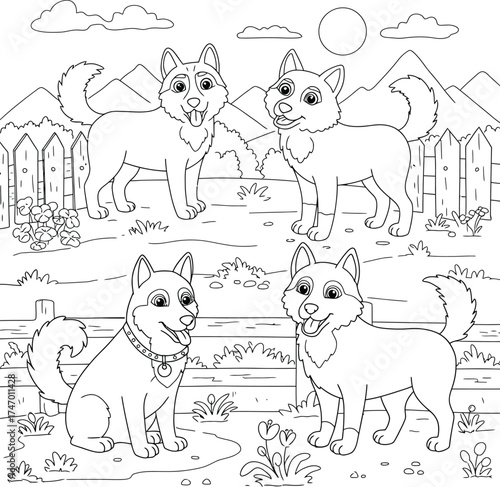Cute Siberian Husky Dog Coloring Page for Kids; Happy Puppy Outline  in the Backyard Garden or Sunny Park