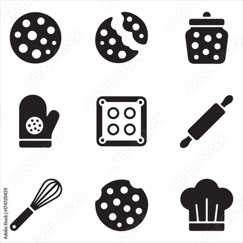 cookie day vector art icon pack silhuoette icon set bandle banner 9 sampol disign black and white backgrount icons