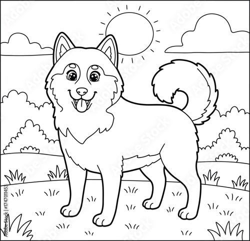 Cute Siberian Husky Dog Coloring Page for Kids; Happy Puppy Outline  in the Backyard Garden or Sunny Park