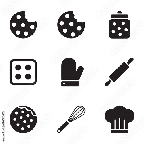 cookie day vector art icon pack silhuoette icon set bandle banner 9 sampol disign black and white backgrount icons