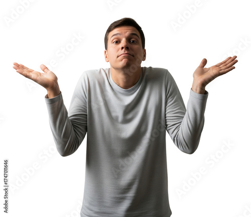 Young man shrugs with raised hands and a confused, puzzled expression. Isolated transparent background ( cut-out PNG file ).