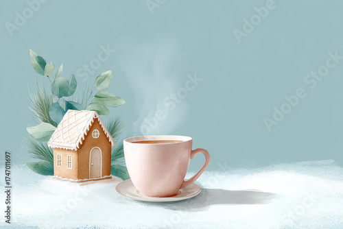 Watercolour Coffee Mug and Gingerbread, Christmas Greeting Card