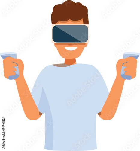 Young man wearing vr headset and holding controllers, experiencing immersive virtual reality gaming