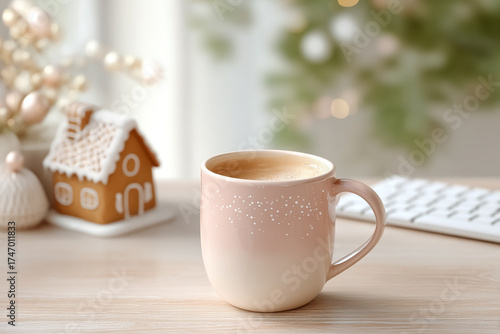 Coffee Mug and Gingerbread House in Office Setting, Christmas Greeting Card