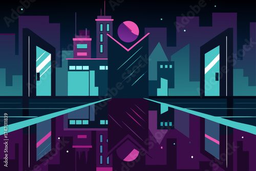cyberpunk street mirror reflections night rain background illustration