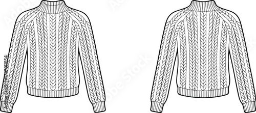 fashion, apparel, garment, clothing, knitwear, sweater, pullover, jumper, illustration, sketch, vector, design, template, outline, pattern, textile, fabric, ribbed, cable, knit, cuffs