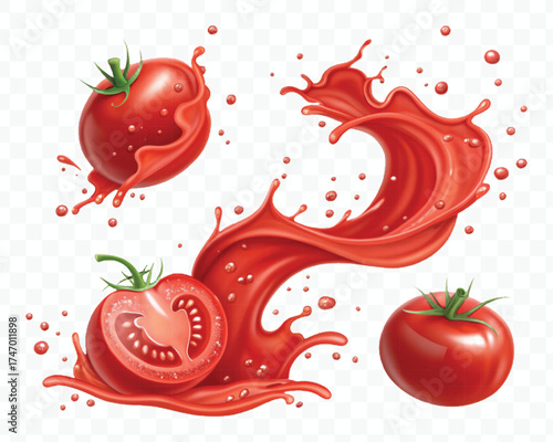abstract 3d red tomato juice or ketchup sauce splashes in different style isolated on transparent background