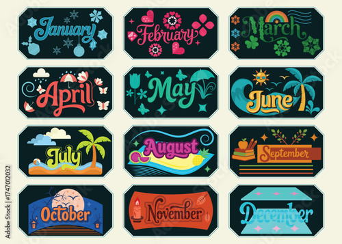 Twelve months of the year names. From January to December typography sticker vector design. Unique seasonal and natural decorative elements. Perfect for educational materials, calendars, poster.