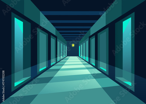 Glass Reflection Corridor with Edge Glow Light Illustration