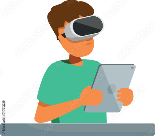 Man wearing vr headset and using tablet, developing virtual reality software, working on metaverse project