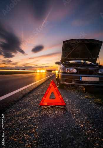Dramatic sunset roadside emergency scene with open car hood and caution sign on highway