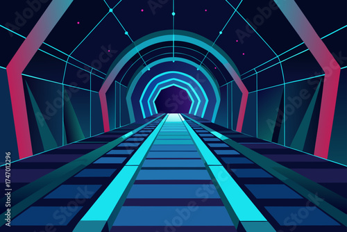 Sci Fi Tech Tunnel with Glowing Reflections Illustration