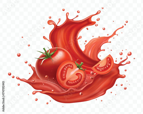 abstract 3d red tomato juice or ketchup sauce splashes in different style isolated on transparent background
