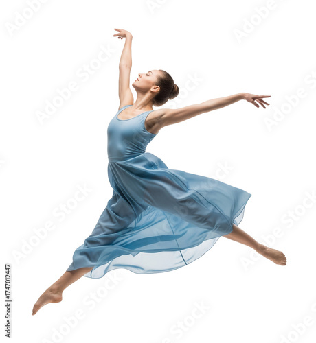 Dancing woman in blue dress leaping gracefully with outstretched arms and flowing fabric.Isolated transparent background ( cut-out PNG file ).