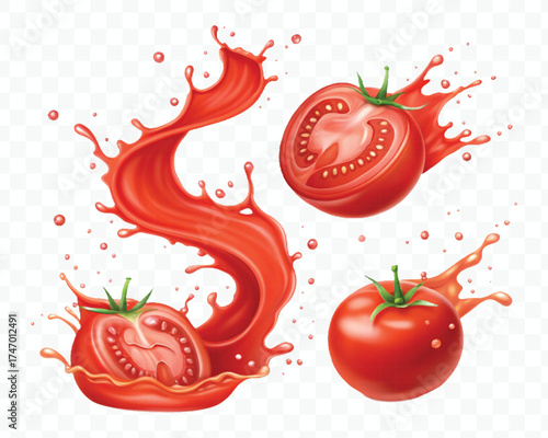 abstract 3d red tomato juice or ketchup sauce splashes in different style isolated on transparent background