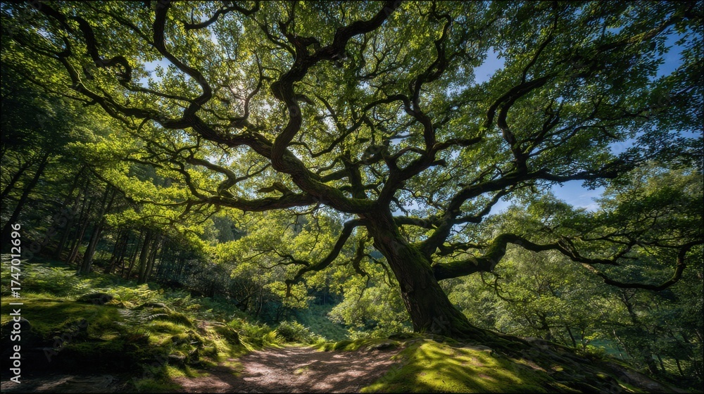 Obraz premium Majestic ancient oak tree with sprawling branches in a lush green forest