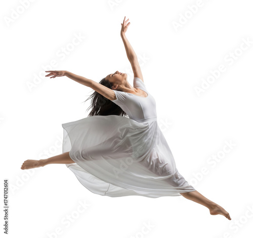graceful female dancer leaps mid-air in white dress on neutral background.Isolated transparent background ( cut-out PNG file )