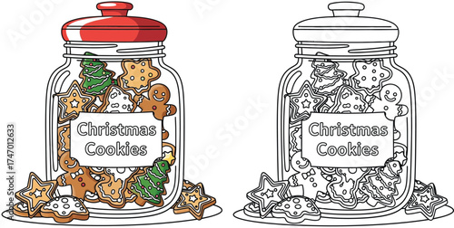 Christmas Cookies Jar Cartoon Vector Illustration: Festive Holiday Treats, Gingerbread Men, Stars, and Christmas Tree Shaped Biscuits in a Glass Container, Perfect for Holiday Season Celebrations