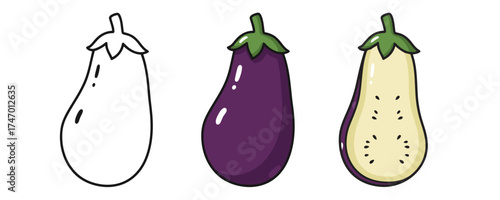 Cartoon eggplant illustration in three styles vibrant purple and green colors representing vegetable food, cooking, and coloring book content