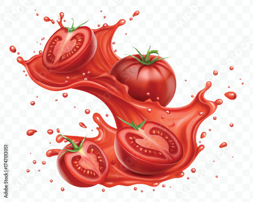 abstract 3d red tomato juice or ketchup sauce splashes in different style isolated on transparent background
