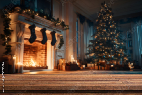 Wooden table with Christmas or new year background