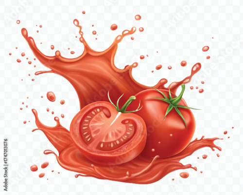 abstract 3d red tomato juice or ketchup sauce splashes in different style isolated on transparent background