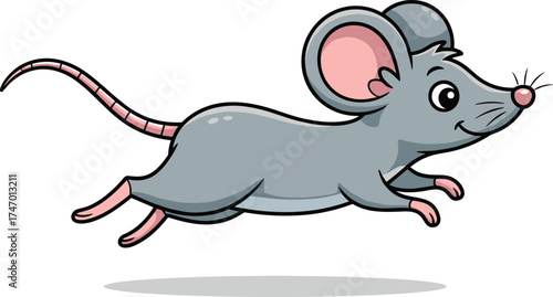 Cute Cartoon Mouse Jumping in Air with Pink Ears and Tail, Happy Expression, Shadow Below, Isolated on White Background for Kids Design
